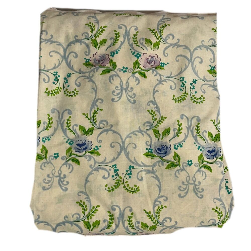 VTG Cannon Full Fitted Sheet Roses Blue Lavender Scrolls Green White Craft Quilt
